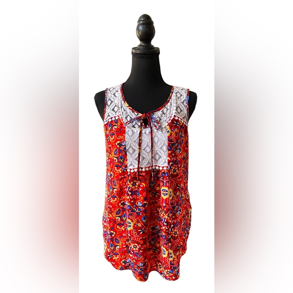 Zac & Rachel: Red Floral Sleeveless Blouse with Upper Lace